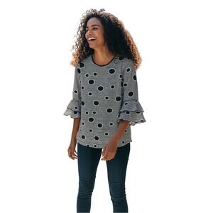 RENUAR Longline‎ Waffle Textured Polka Dotted Blouse Top 3/4 Ruffled Sleeve M